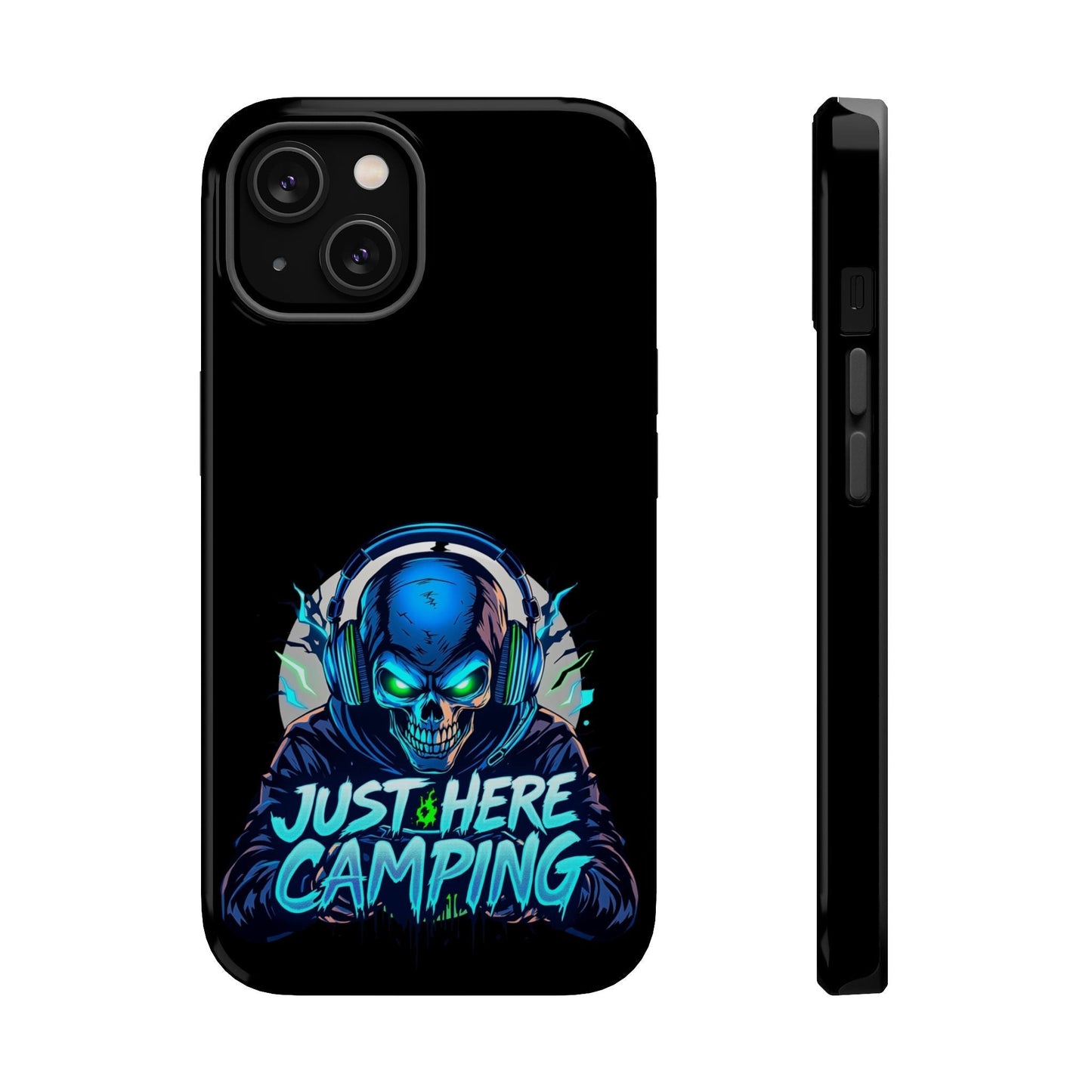 Black iPhone tough case with vibrant blue "Just Here Camping" gamer skull design and built-in MagSafe magnet.