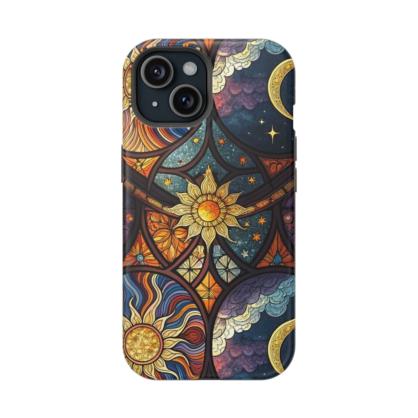 Sun and Moon iPhone case with vibrant celestial design, dual-layer protective build, and MagSafe compatibility