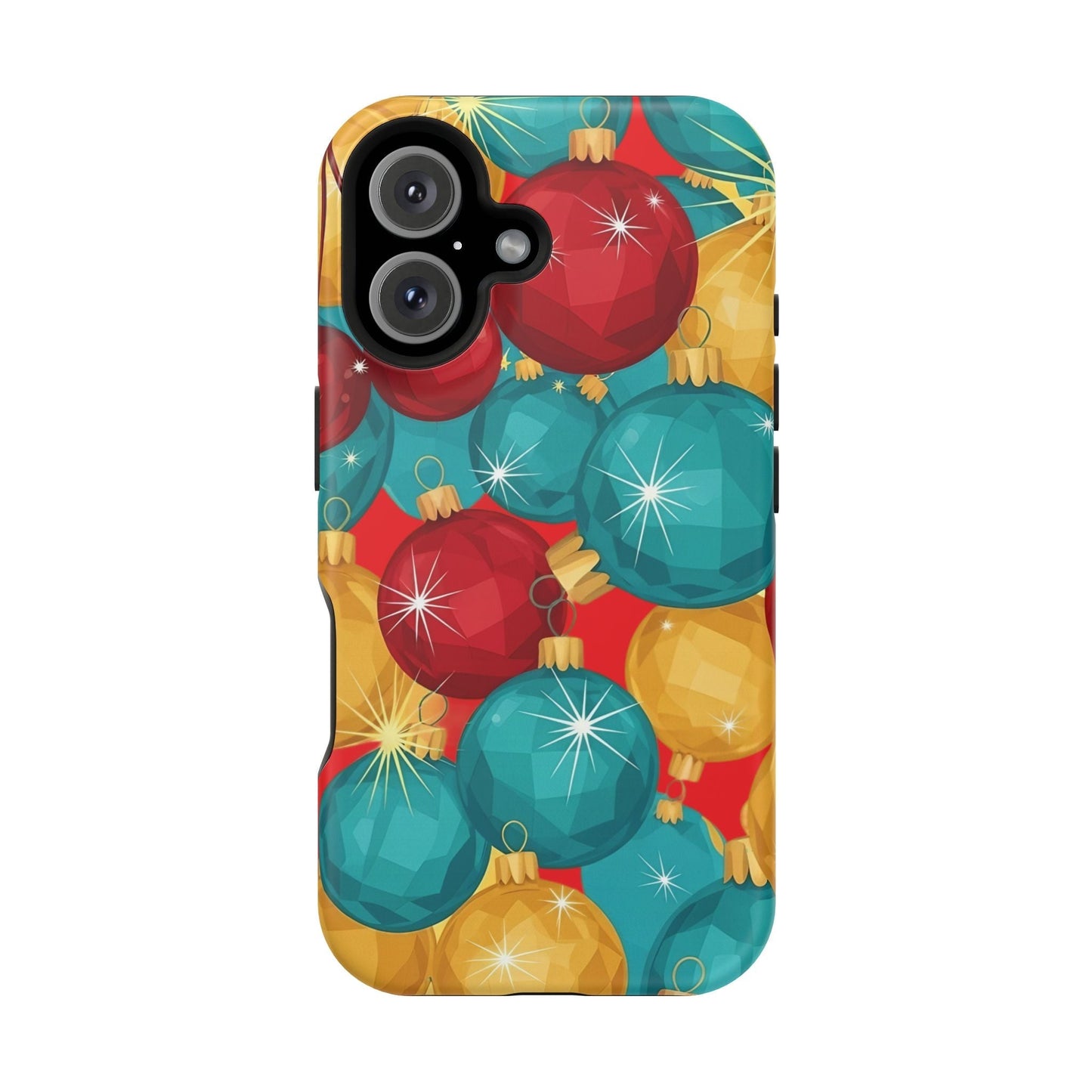 iPhone case with colorful Christmas Tree Sparkle Bulbs design, dual-layer protection, MagSafe compatible, glossy finish
