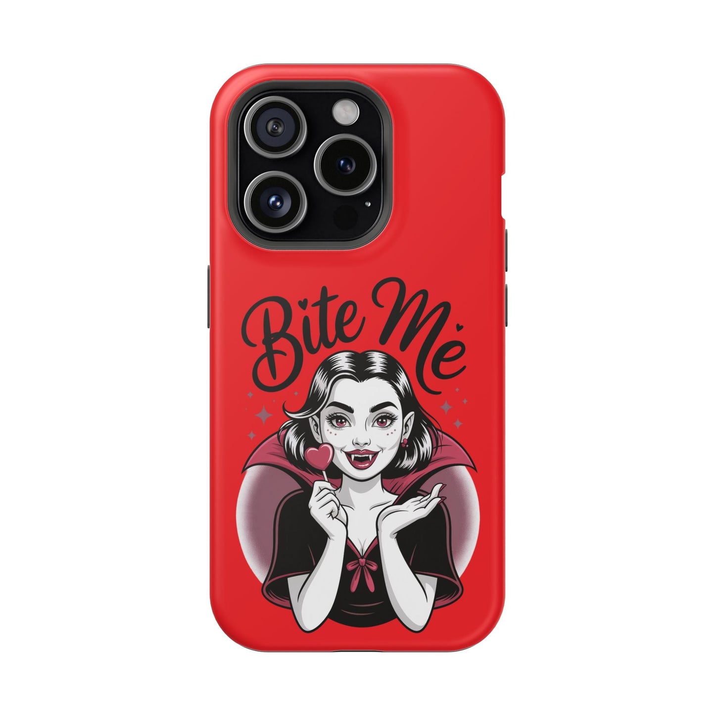 Red Halloween Vampire iPhone case with "Bite Me" text and cartoon vampire girl holding a heart lollipop.