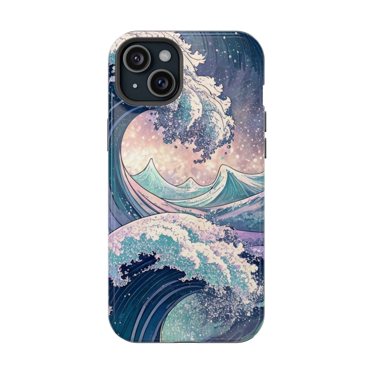 iPhone magnetic tough case with artistic crashing waves design in blue and purple tones, durable dual-layer protection with MagSafe compatibility
