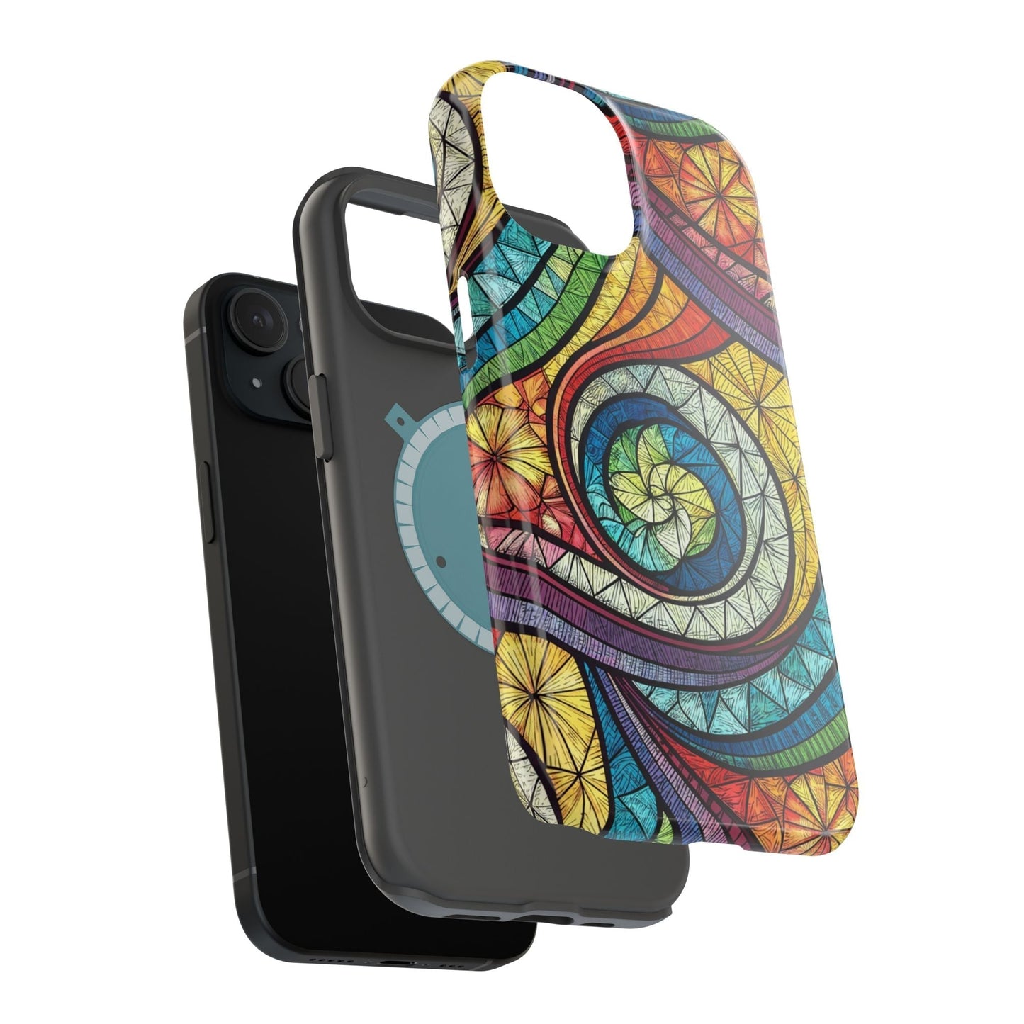 Stained glass inspired rainbow swirl design iPhone case with durable magnetic tough polycarbonate and TPU layers, available in matte or glossy finish.