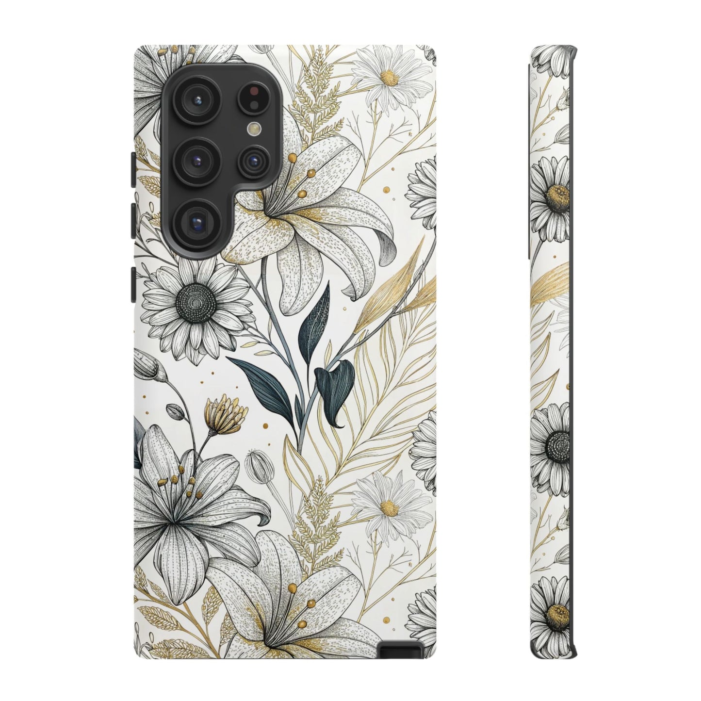 Samsung tough phone case with golden leaf minimalist floral design and durable protection for Galaxy models