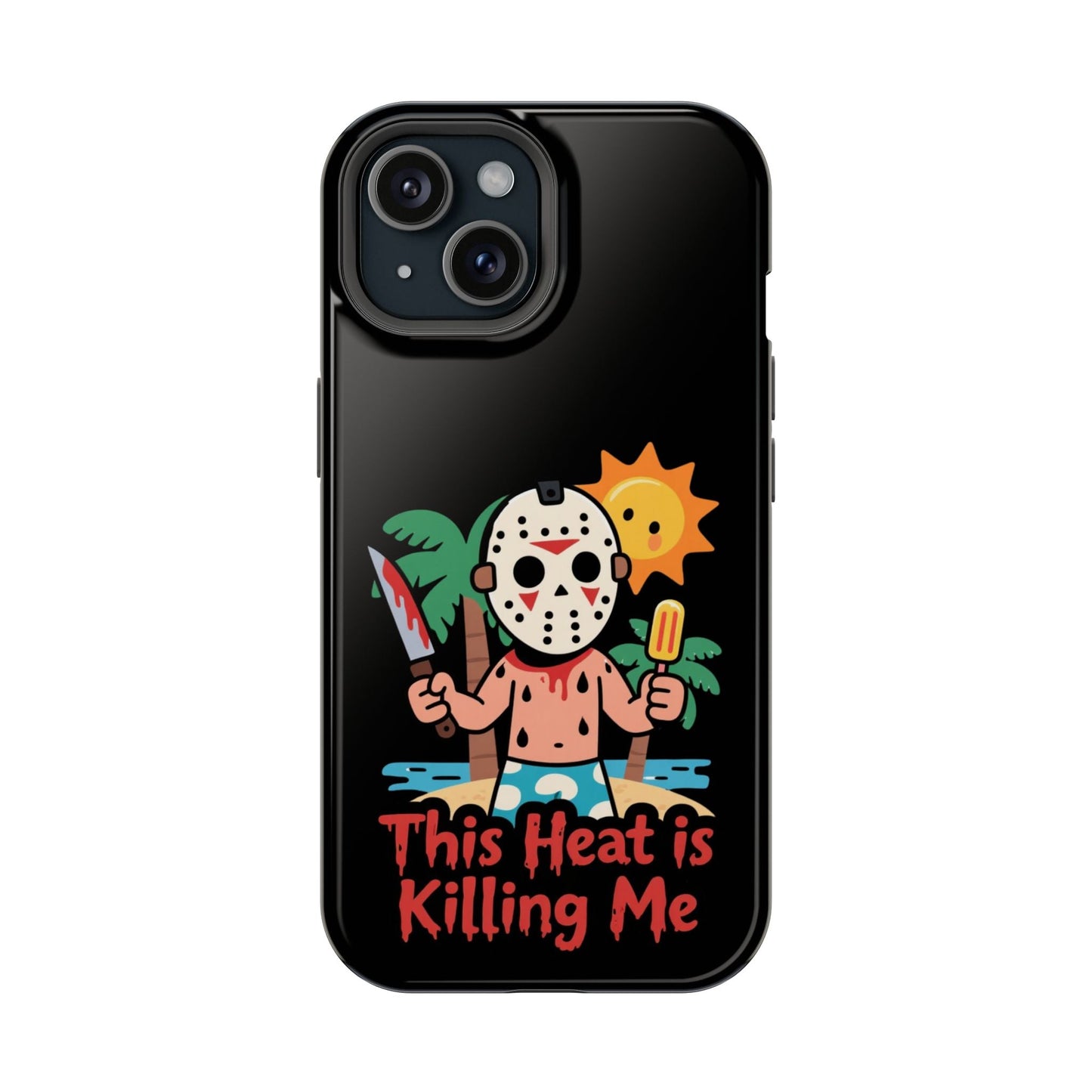 Black iPhone case with cartoon masked character holding a knife and popsicle under the sun and palm trees with "This Heat is Killing Me" text