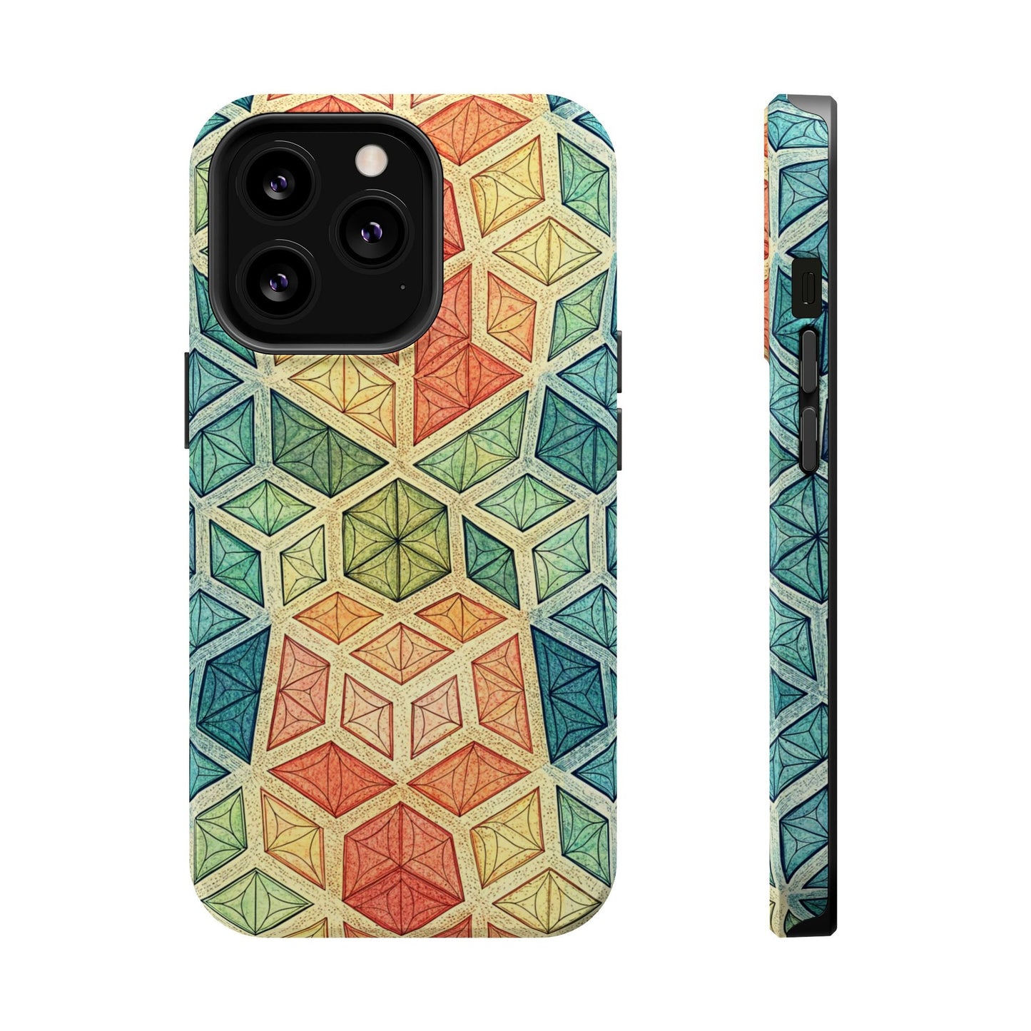 Colorful fractal patterned iPhone magnetic tough case with durable dual-layer protection and MagSafe compatibility