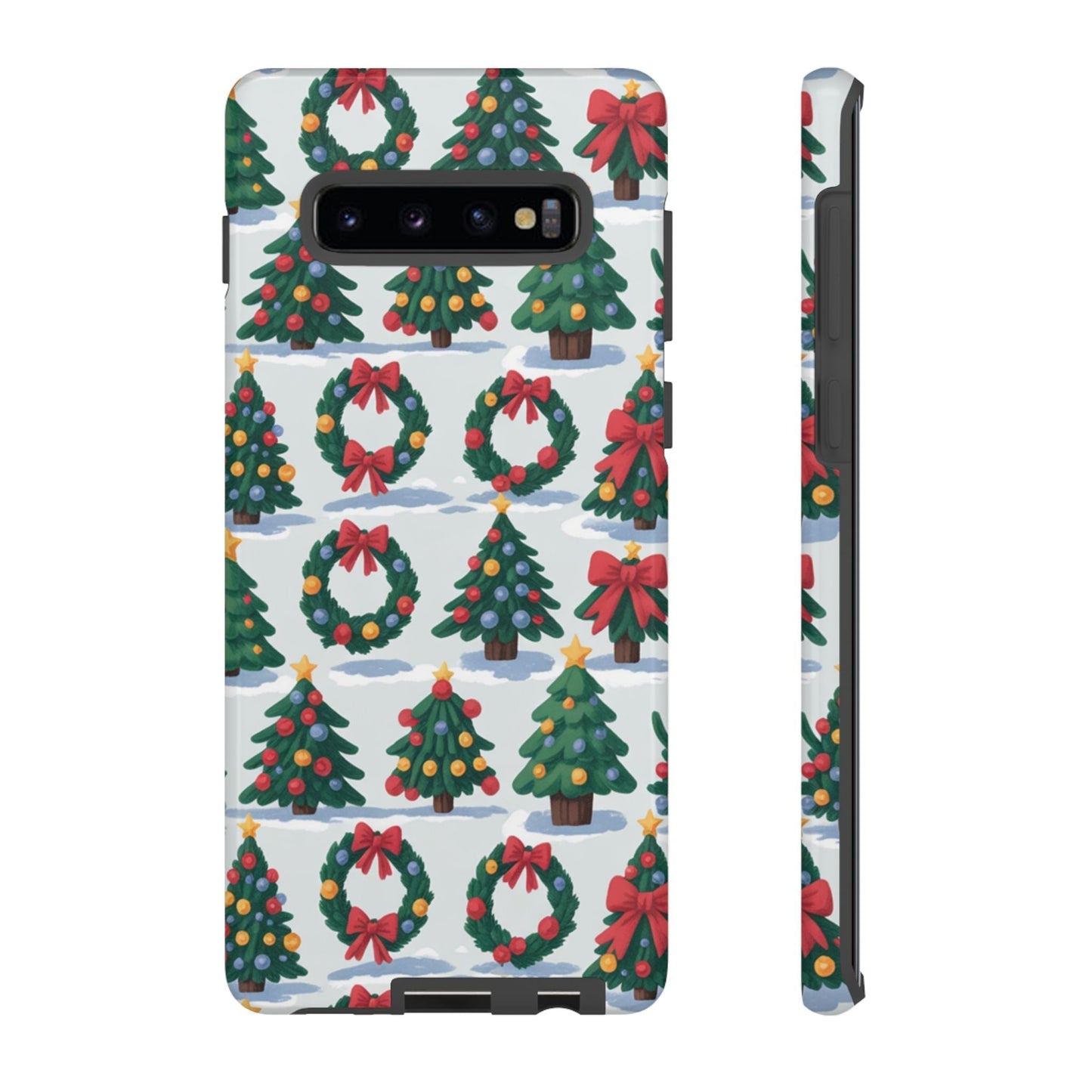 Samsung phone case with festive Holiday Wreath Tree pattern featuring Christmas trees and wreaths with red bows and ornaments