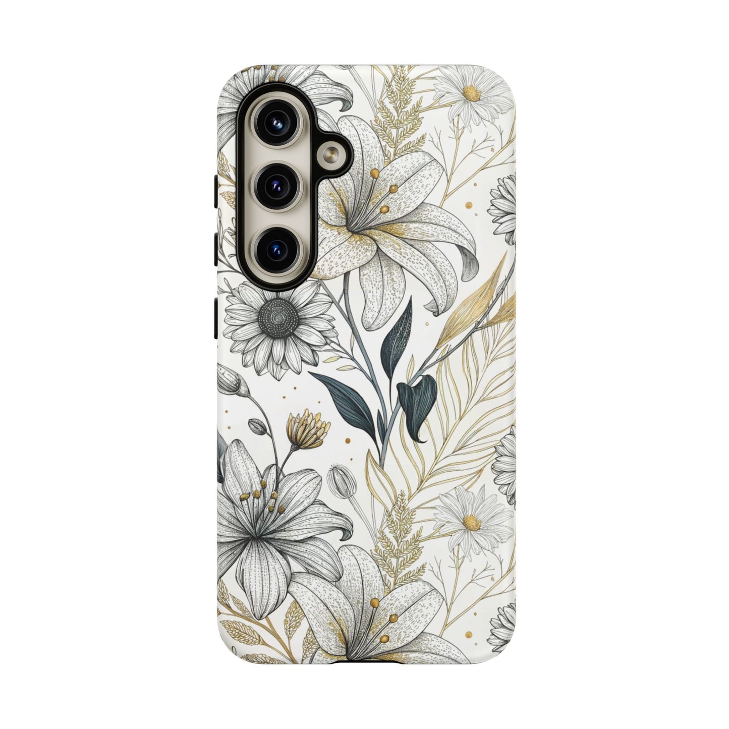 Samsung tough phone case with minimalist golden leaf and floral design, offering durable protection and stylish look