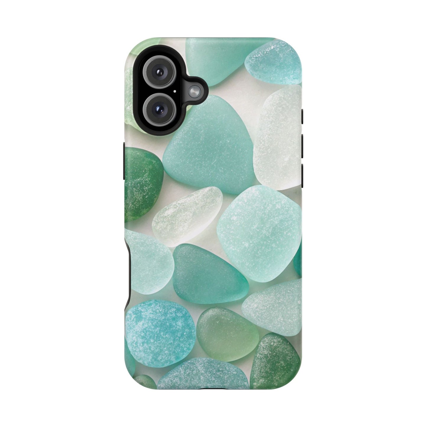 iPhone case with sea glass inspired design featuring green and blue frosted stones, durable protective build with MagSafe magnet.