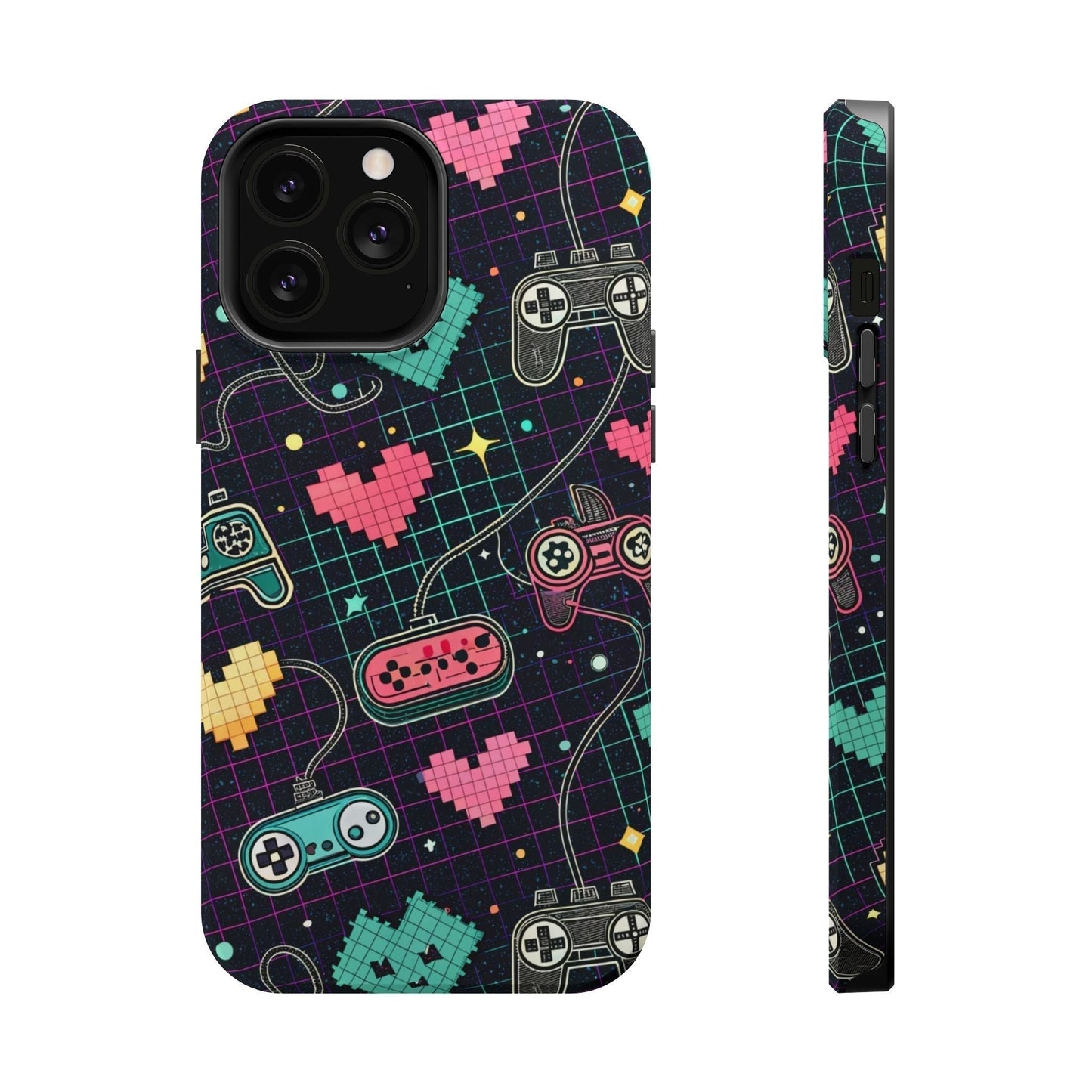 Retro Gamer Inspired dual-layer iPhone case with pixelated hearts and vintage game controller design, MagSafe compatible and durable protection.