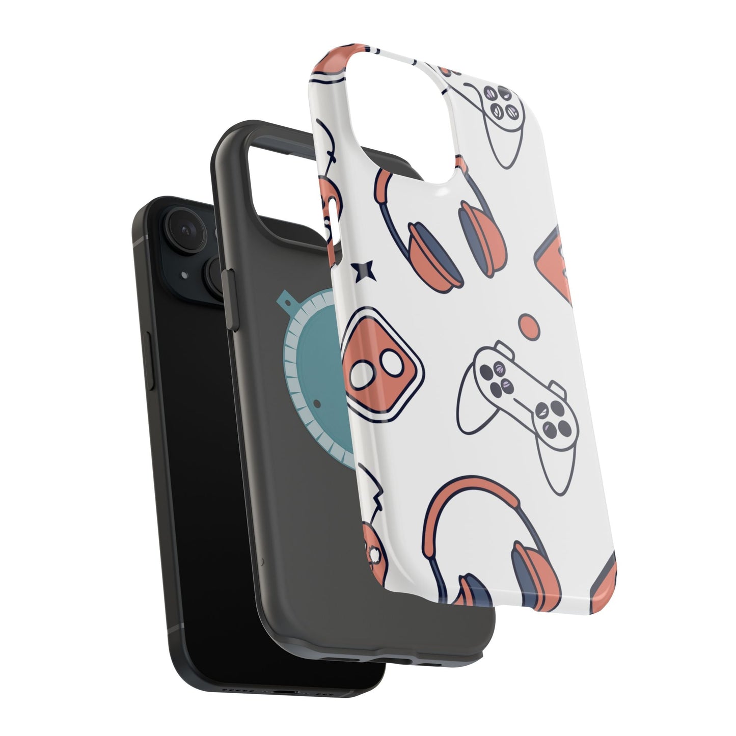 Gamer iPhone tough case with colorful gaming icons, durable polycarbonate and TPU design, MagSafe compatible.