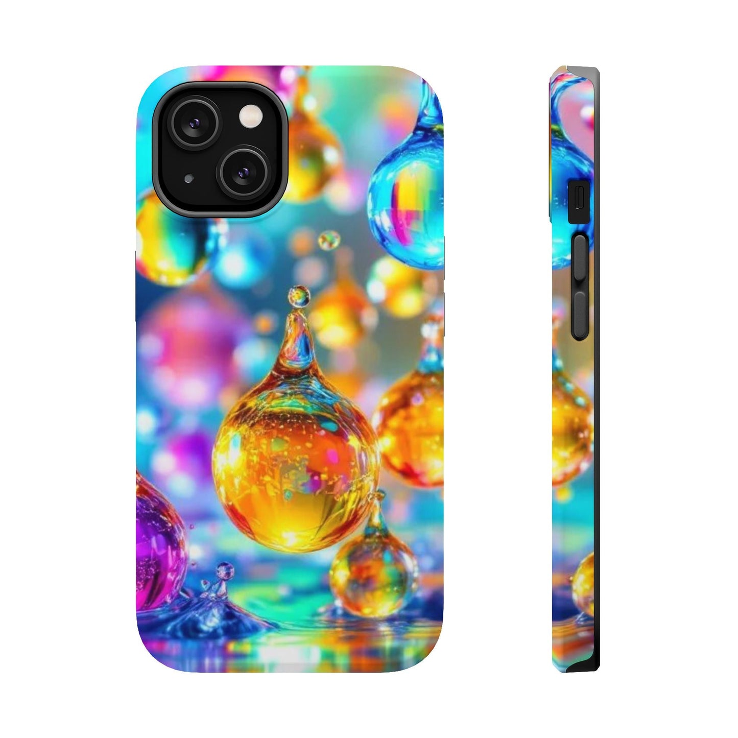 iPhone tough case with vibrant golden raindrop design and MagSafe compatibility