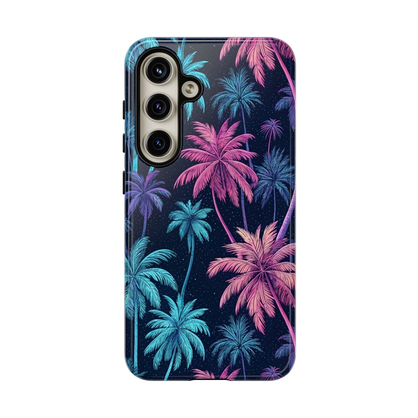 Samsung phone case with vibrant neon palm tree design in blue and pink colors, durable and stylish tropical protective cover.