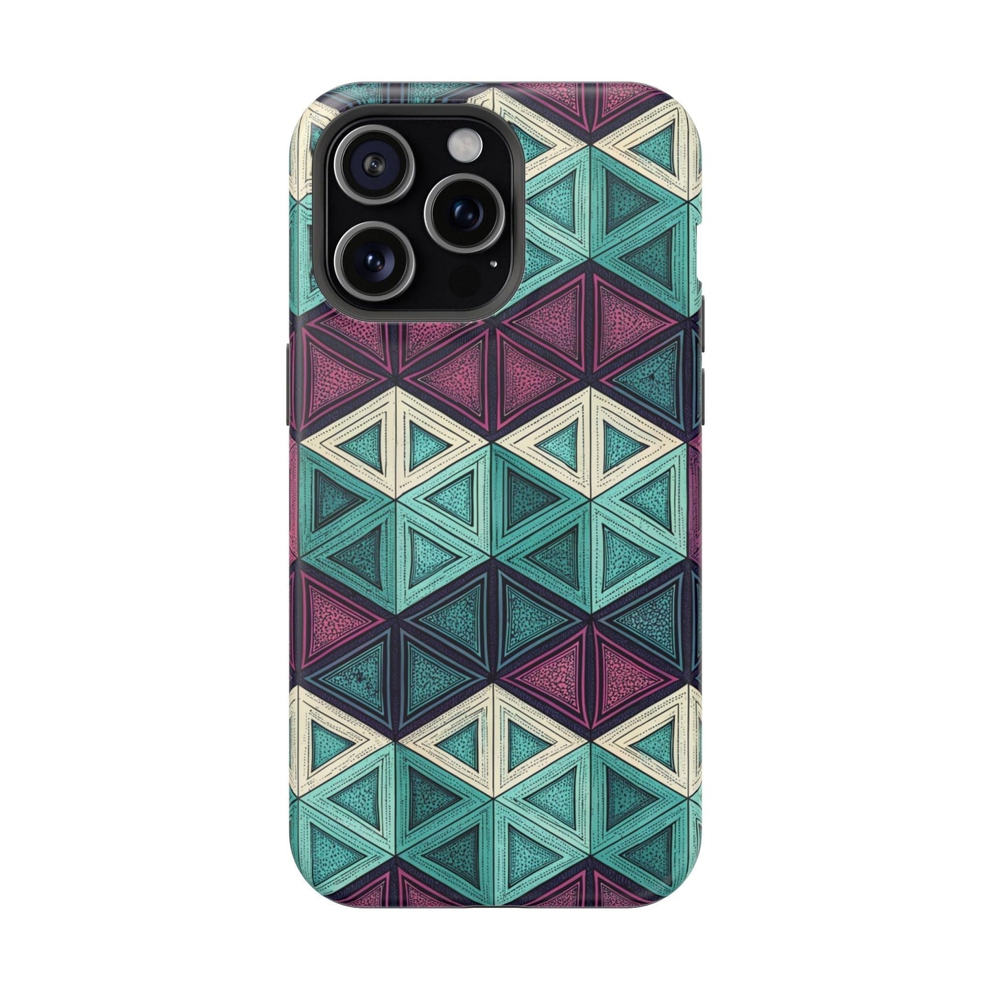 Purple and teal abstract geometric pattern iPhone tough case with MagSafe compatibility and durable dual-layer protection
