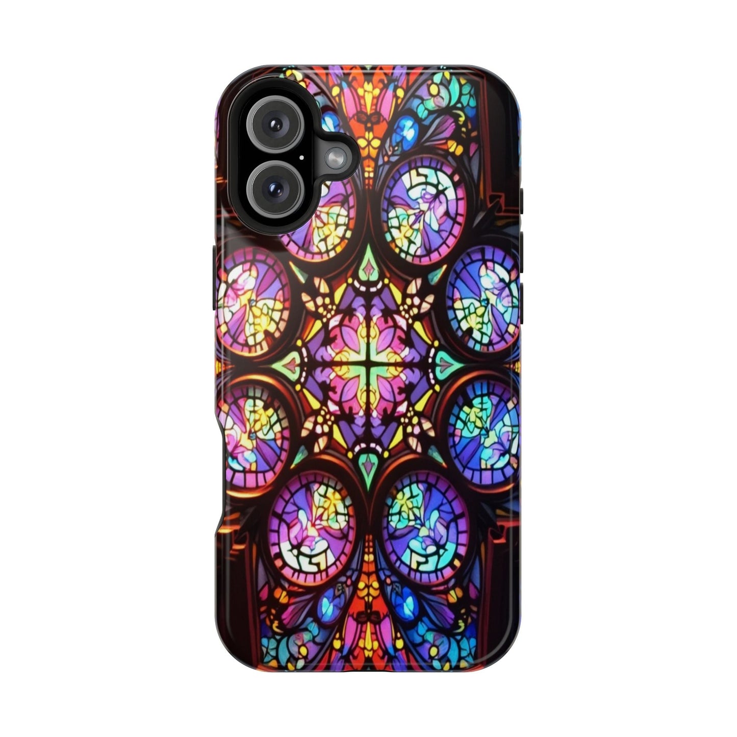 Colorful hypnotic stained glass design tough iPhone case with MagSafe compatibility and durable dual-layer protection