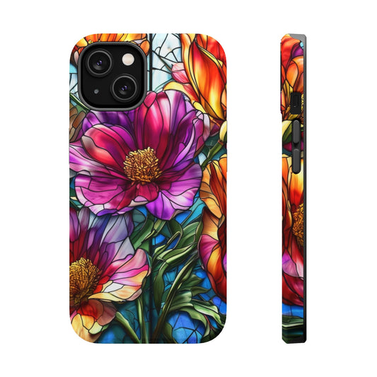 Vibrant Purple Flower iPhone case with durable polycarbonate and soft TPU liner, MagSafe compatible, featuring a colorful floral design