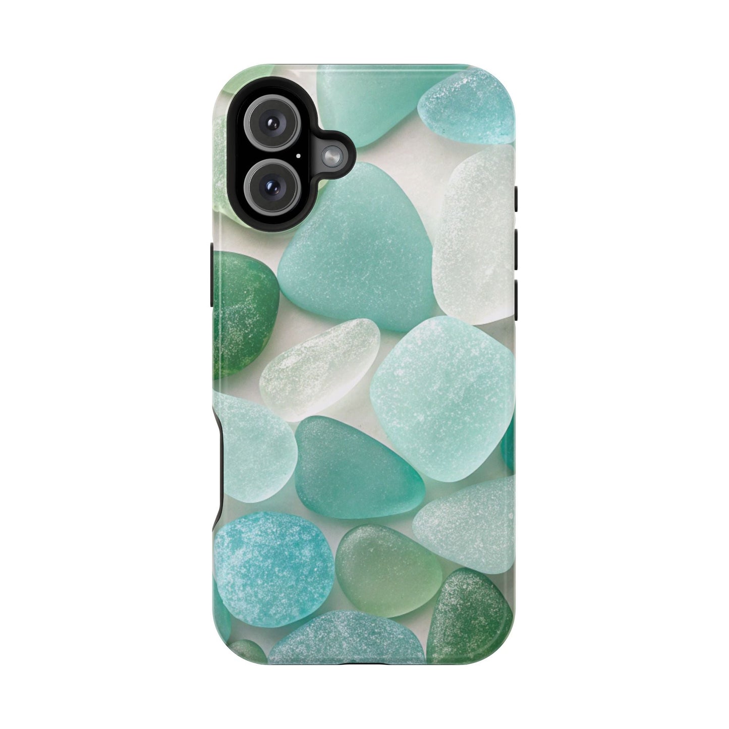 iPhone case with sea glass inspired design in soft blue and green tones, durable protective dual-layer with MagSafe compatibility