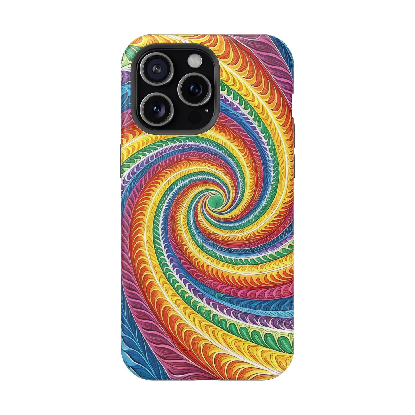 Rainbow swirl design tough iPhone case with vibrant colors and MagSafe compatibility