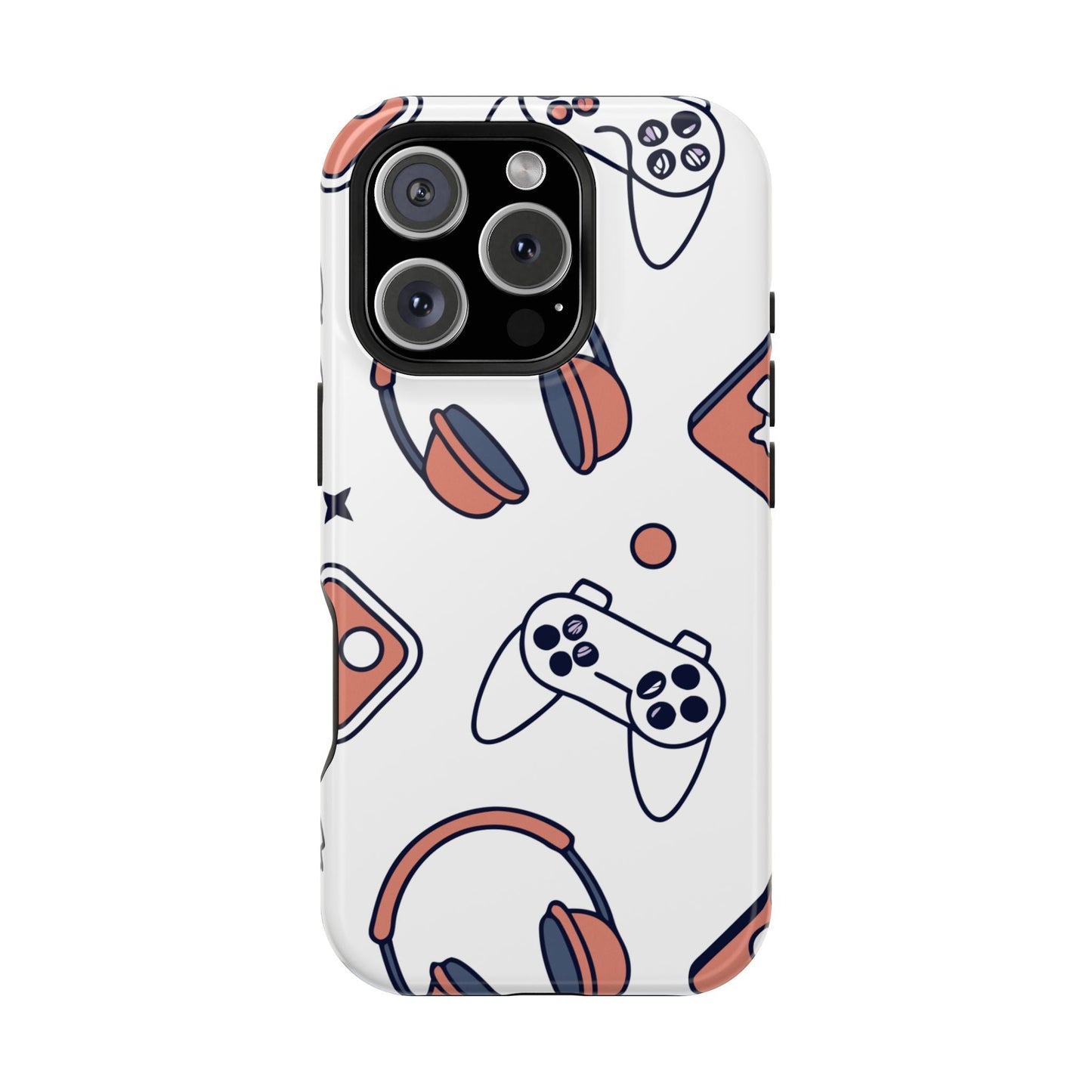 Gamer iPhone tough case with white background and gaming controller and headset illustrations