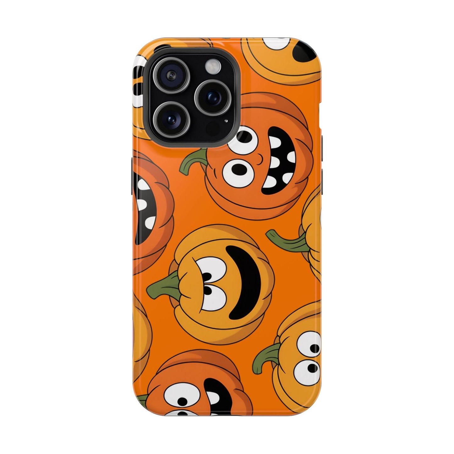 iPhone case with Moody Pumpkins Design featuring vibrant, playful pumpkin faces on orange background, durable protective cover with MagSafe compatibility