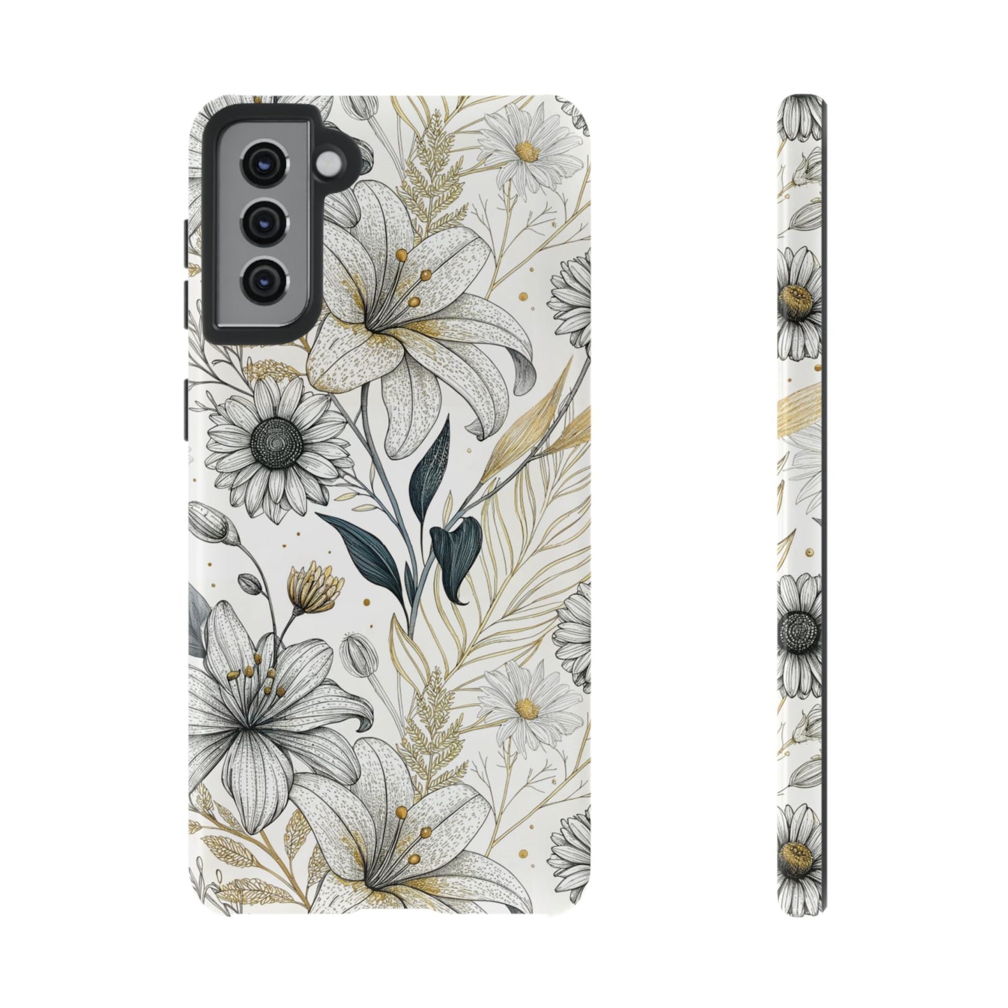 Samsung tough phone case with minimalist golden leaf and floral design for stylish protection