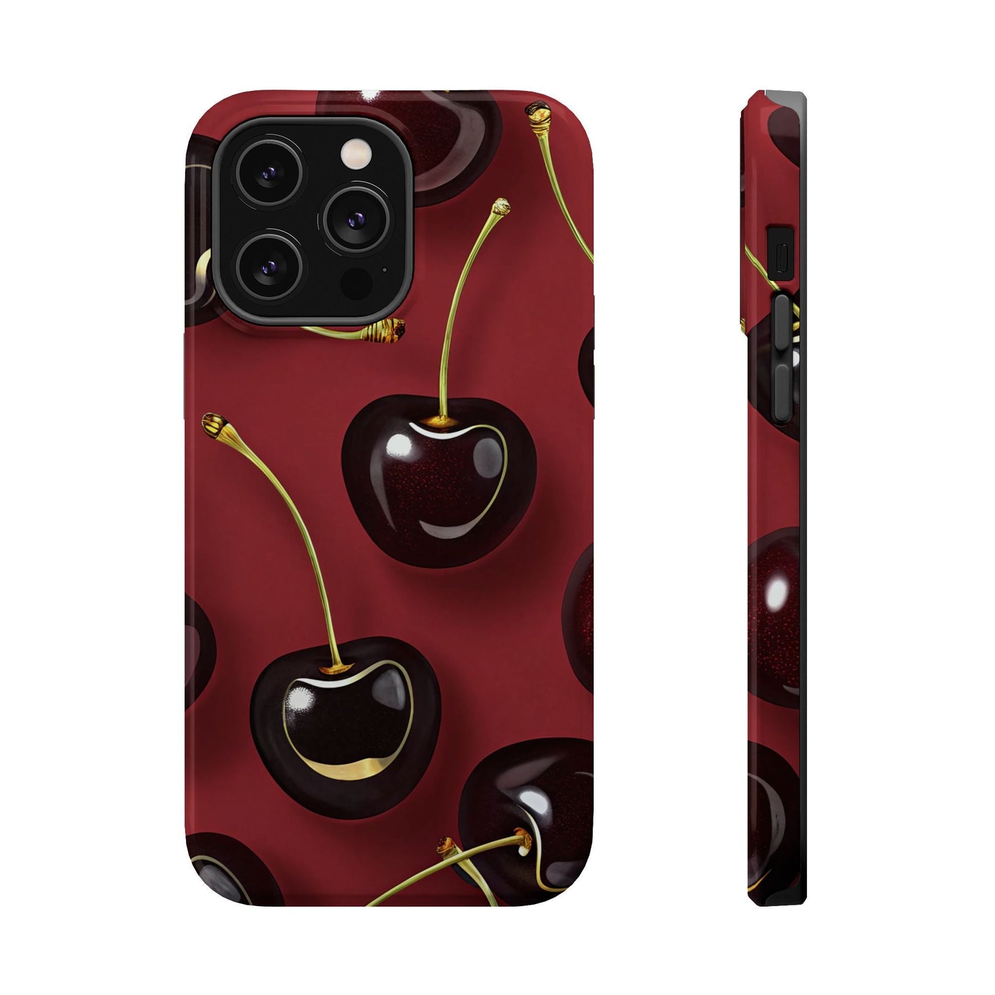 Cherry iPhone tough case with vibrant photo-realistic cherry design, dual-layer protection, and MagSafe compatibility.