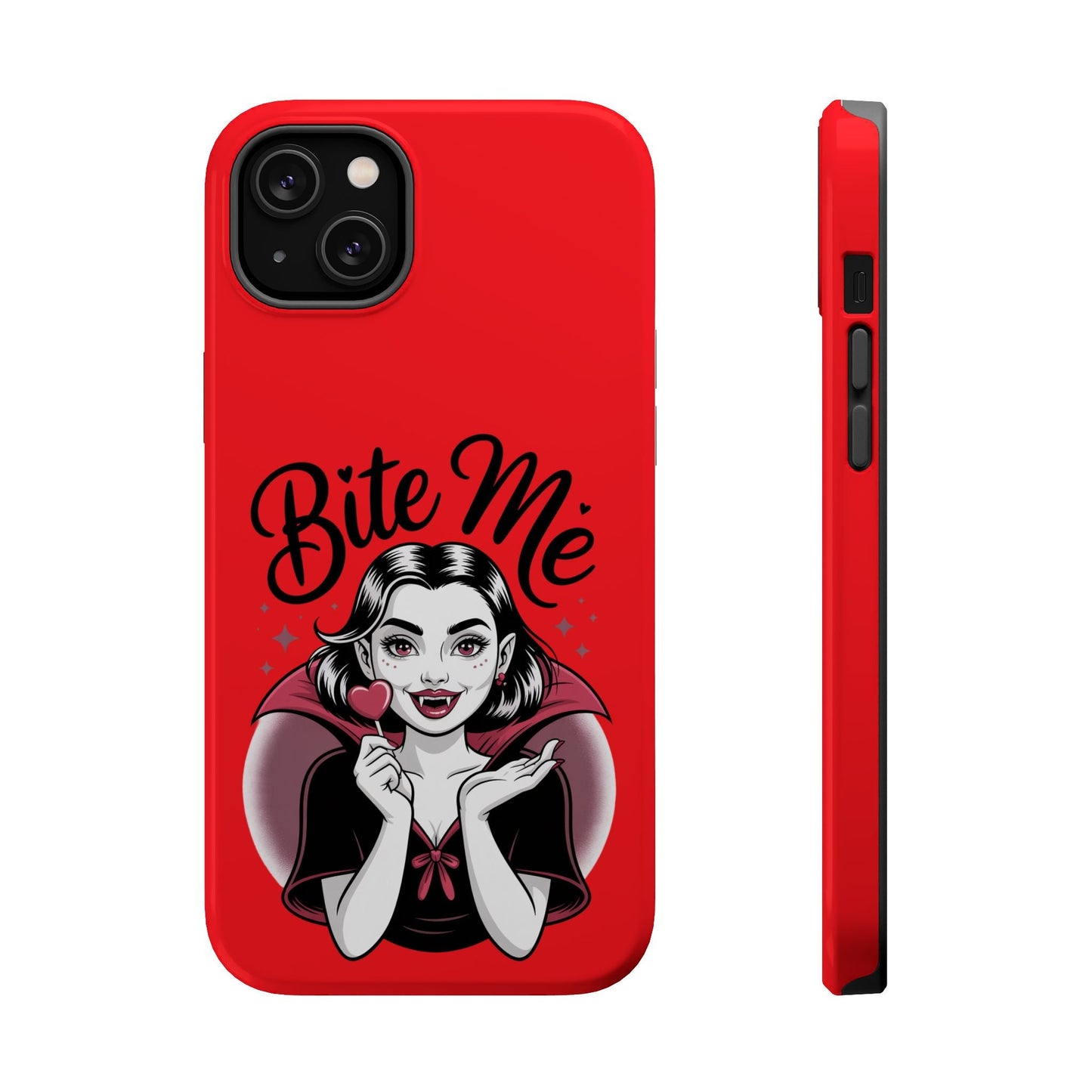 Red Halloween Vampire iPhone case with "Bite Me" text and cartoon vampire girl holding heart lollipop design, durable tough protective cover with MagSafe compatibility.