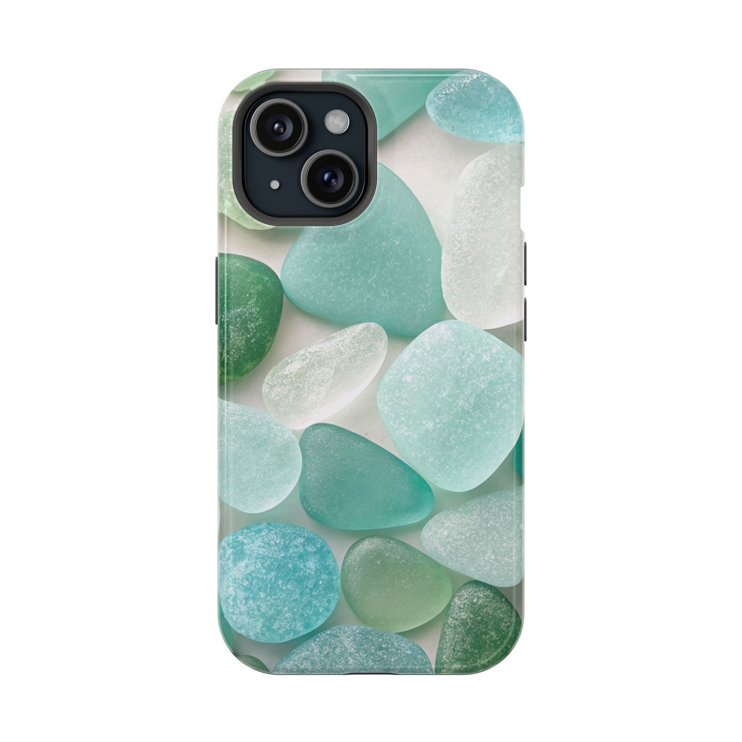 iPhone case with sea glass inspired design in calming blue and green tones, durable protective cover with MagSafe compatibility
