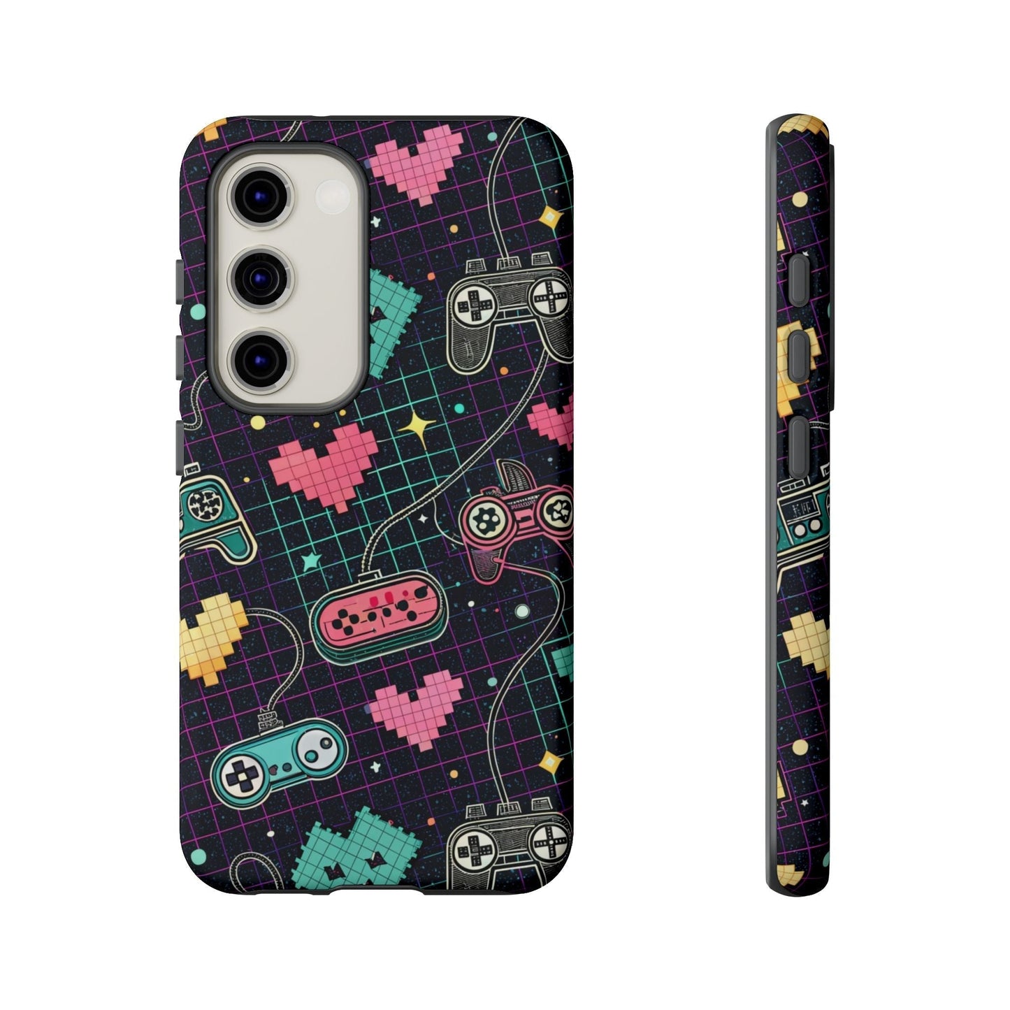 Retro Gamer Tough Case for Samsung Galaxy with colorful pixelated hearts and game controllers design, durable and impact-resistant phone cover.