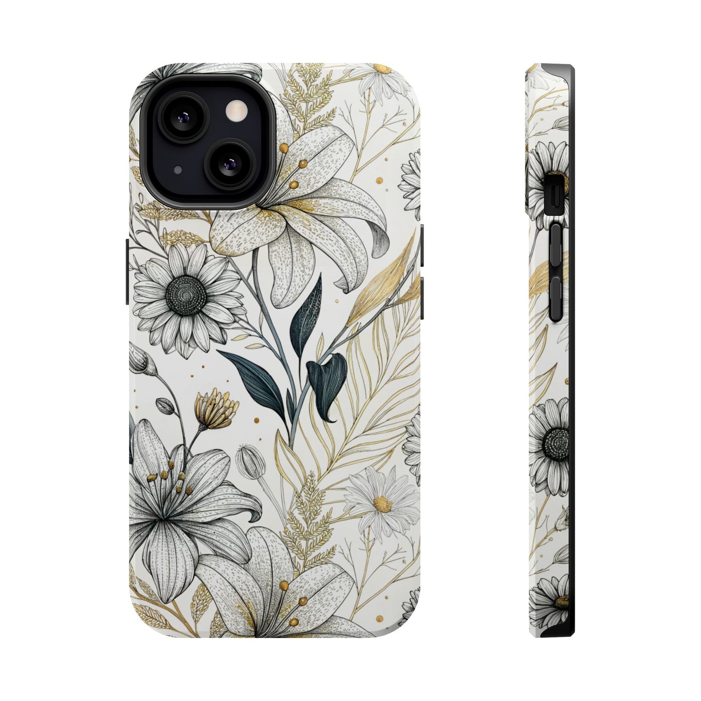 iPhone case with modern golden leaf flower design, durable tough dual-layer protection, matte and glossy finishes, built-in MagSafe magnet.