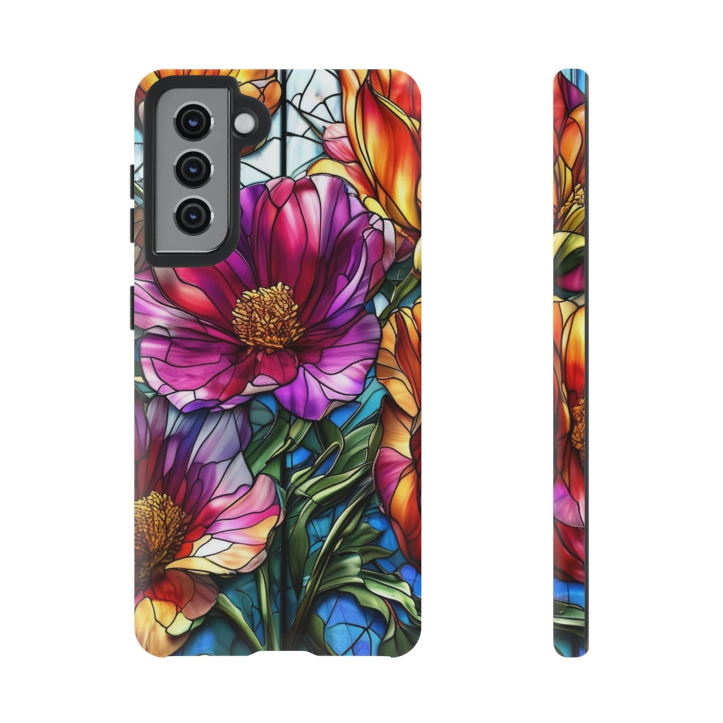 Samsung phone case with vibrant purple flower design and durable impact-resistant protection