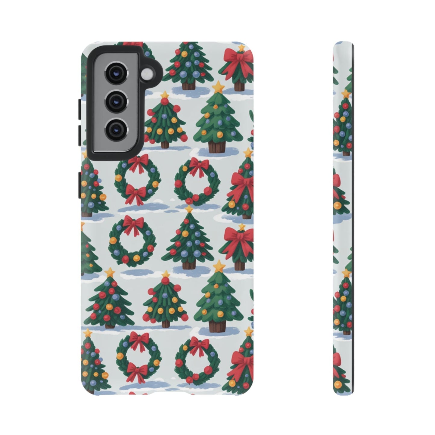 Samsung phone case with festive Holiday Wreath Tree pattern in red, green, and gold colors for Christmas protection.