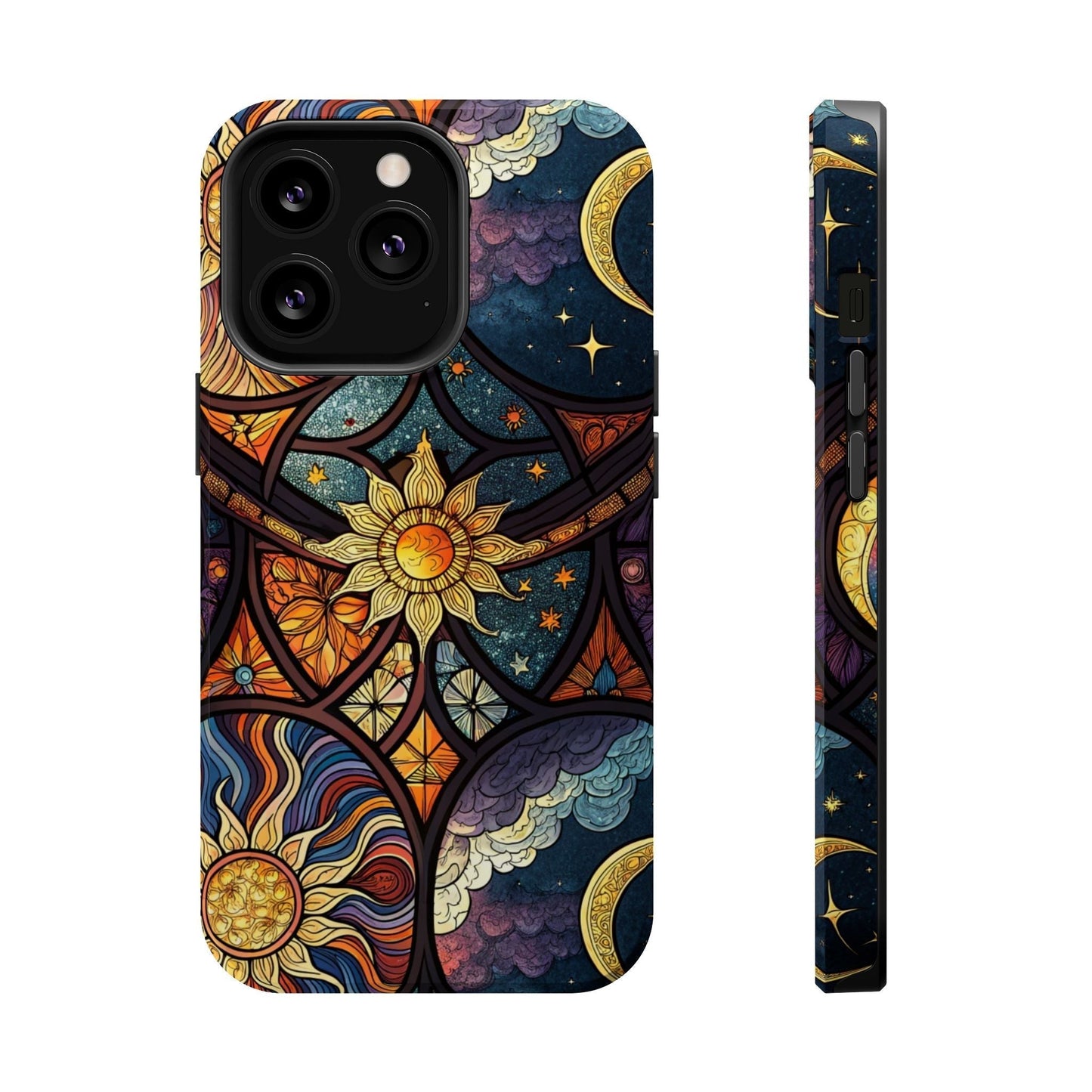 iPhone case featuring vibrant Sun and Moon celestial design with durable dual-layer protection and MagSafe compatibility