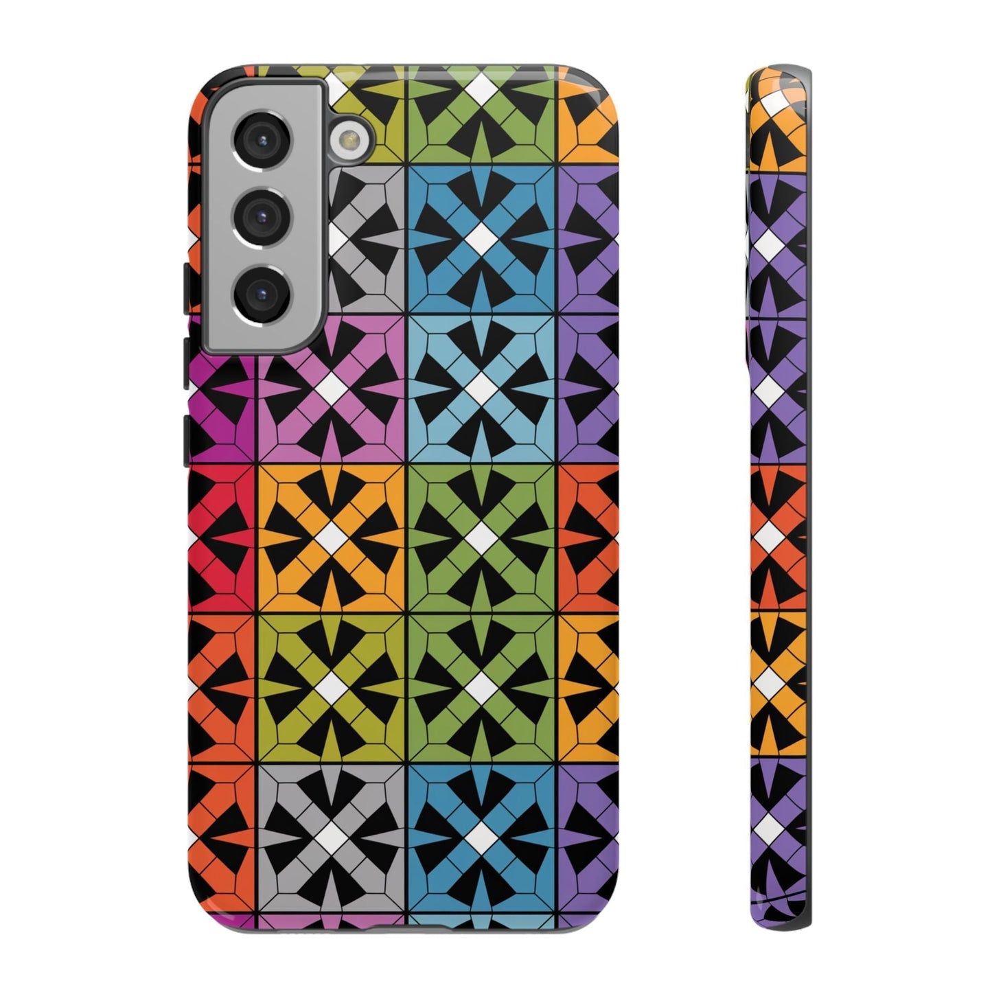 Samsung phone case with rainbow abstract square pattern design and durable shock-resistant protection