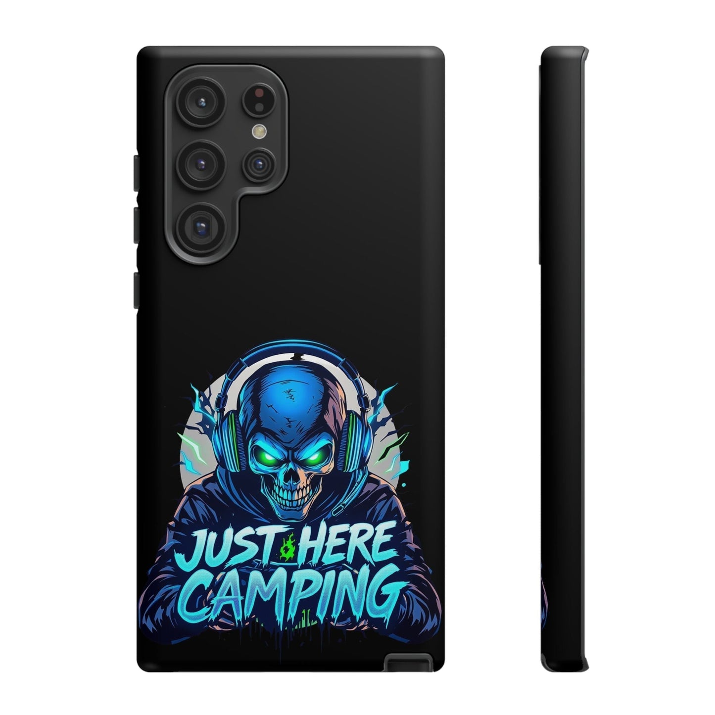 Samsung Tough Case for gaming enthusiasts with vibrant "Just Here Camping" skull design and premium protection