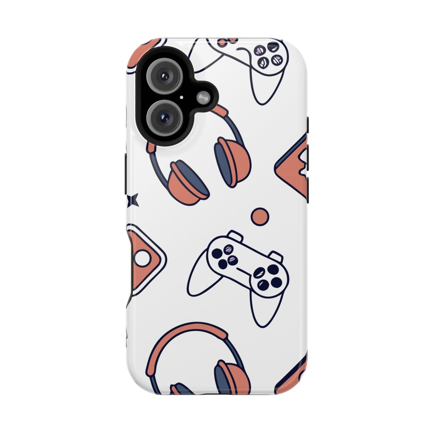 Gamer iPhone tough case with gaming controller and headset design, durable polycarbonate and TPU protection, compatible with MagSafe accessories.