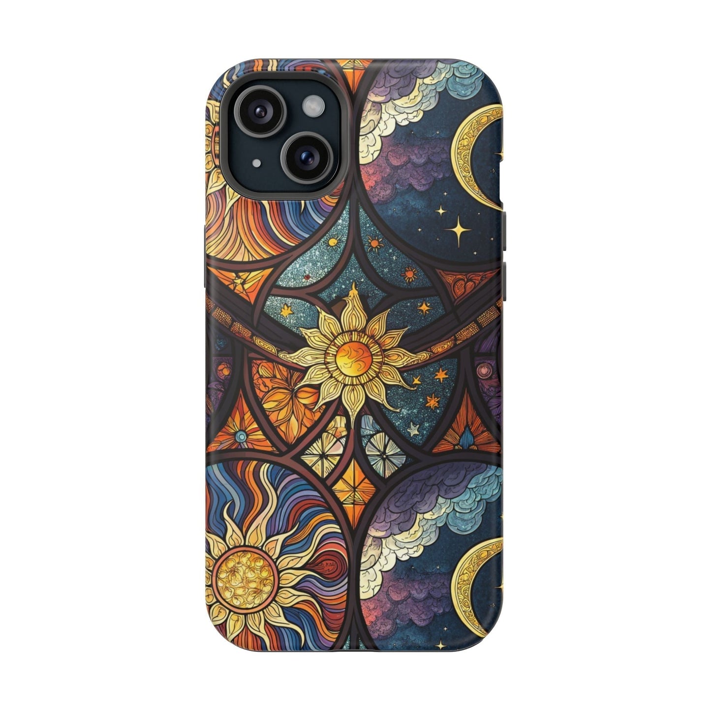 iPhone case with vibrant sun and moon celestial design, dual-layer protection, and MagSafe compatibility