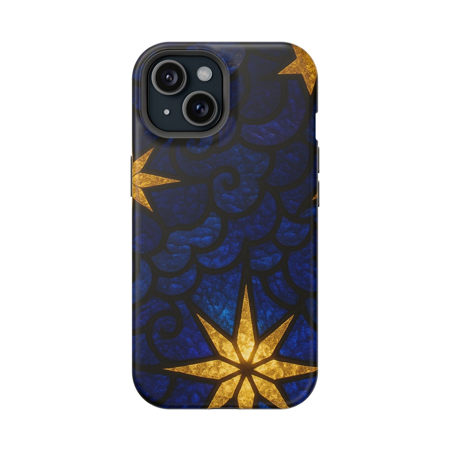 iPhone case with golden star design on blue textured background, durable tough polycarbonate and TPU shell, MagSafe compatible protective cover