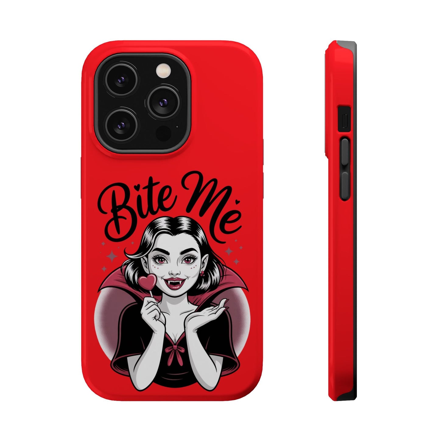 Red Halloween Vampire iPhone case with "Bite Me" text and vampire girl holding a heart-shaped lollipop, durable tough protective design, MagSafe compatible.