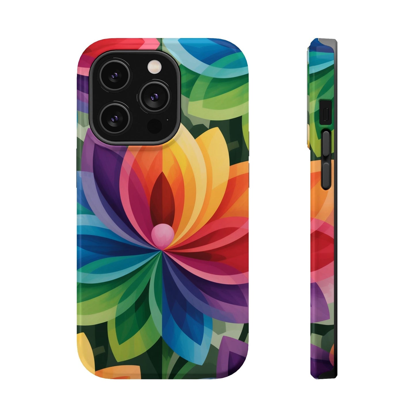 Rainbow Flower iPhone Case with vibrant multicolor floral design and MagSafe compatibility for durable phone protection