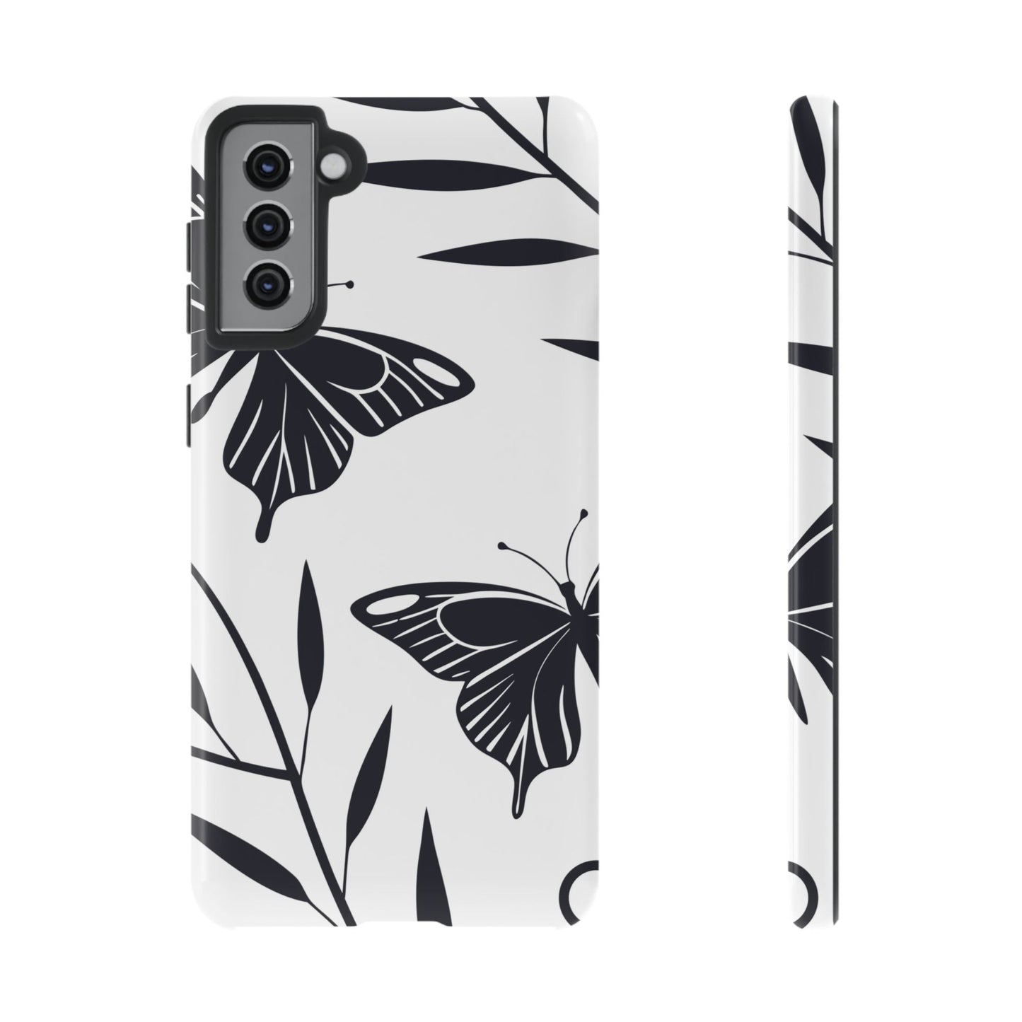 Minimalist black and white butterfly Samsung phone case with elegant 3D print and slim protective design.