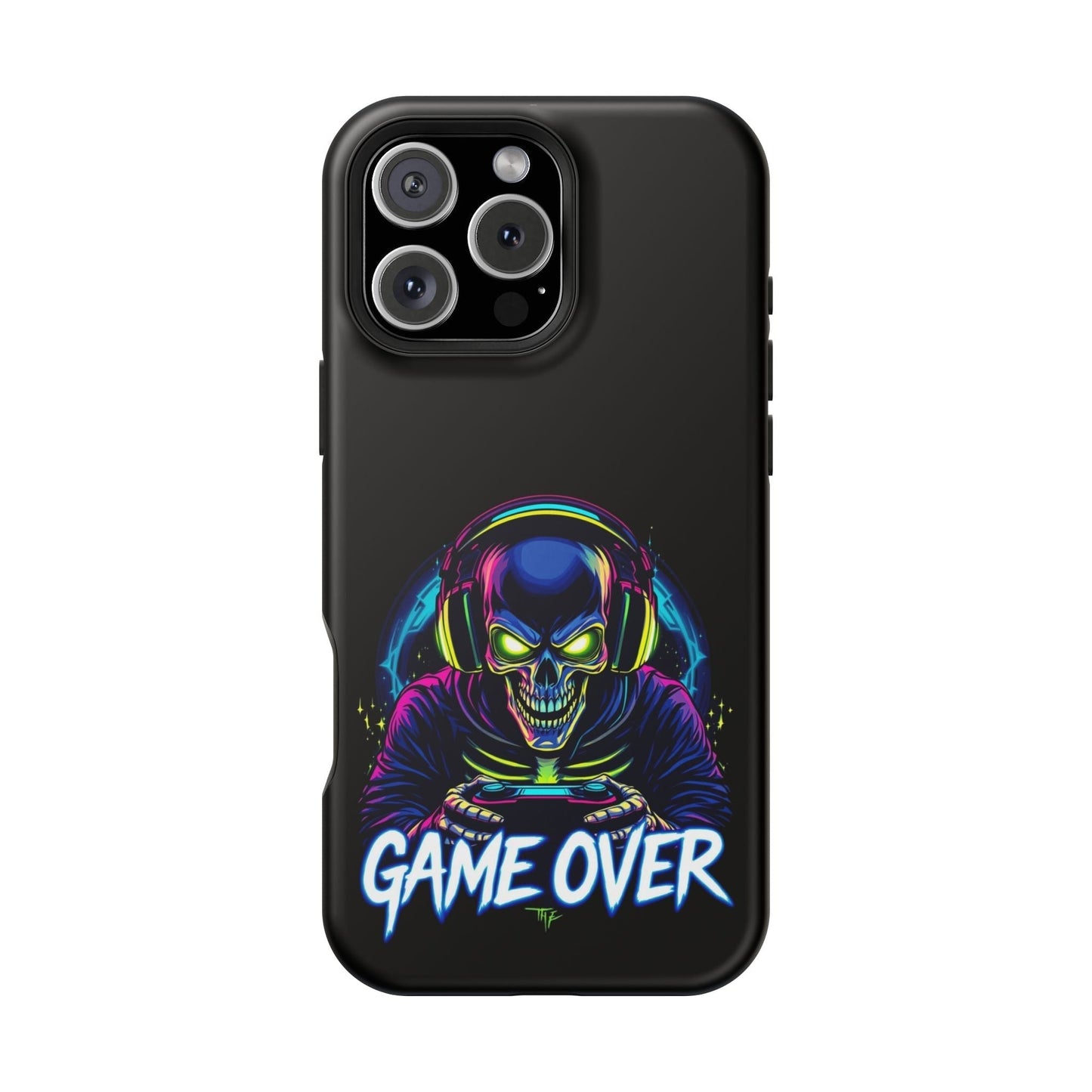 Black iPhone tough case with colorful skeleton gamer graphic and "Game Over" text, MagSafe compatible.