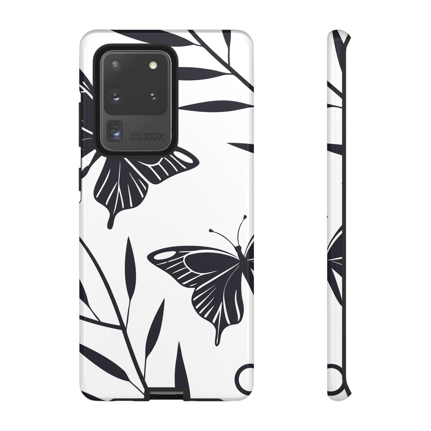 Minimalist black and white butterfly Samsung tough case with elegant 3D print design and robust protection.