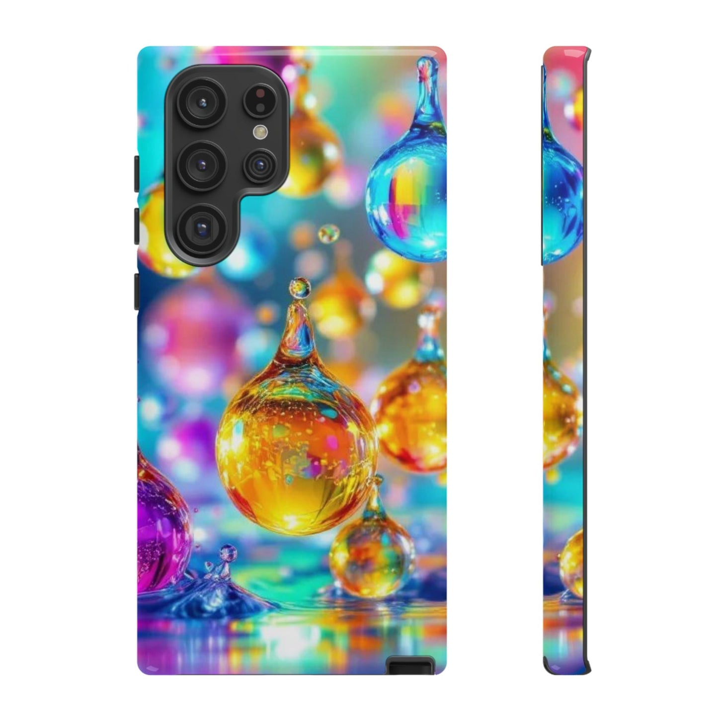 Samsung phone case with colorful 3D golden raindrop design, shock-absorbent and weather-resistant.
