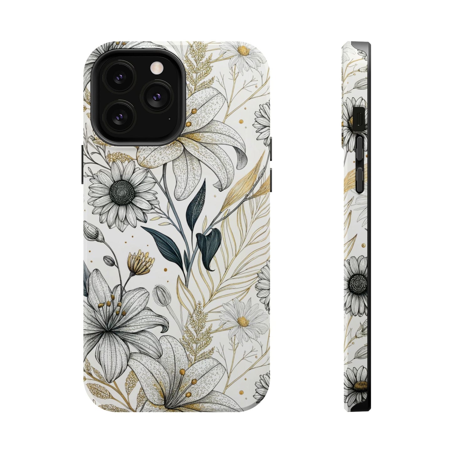 Golden Leaf Flower tough iPhone case with modern minimalist floral design and built-in MagSafe magnet