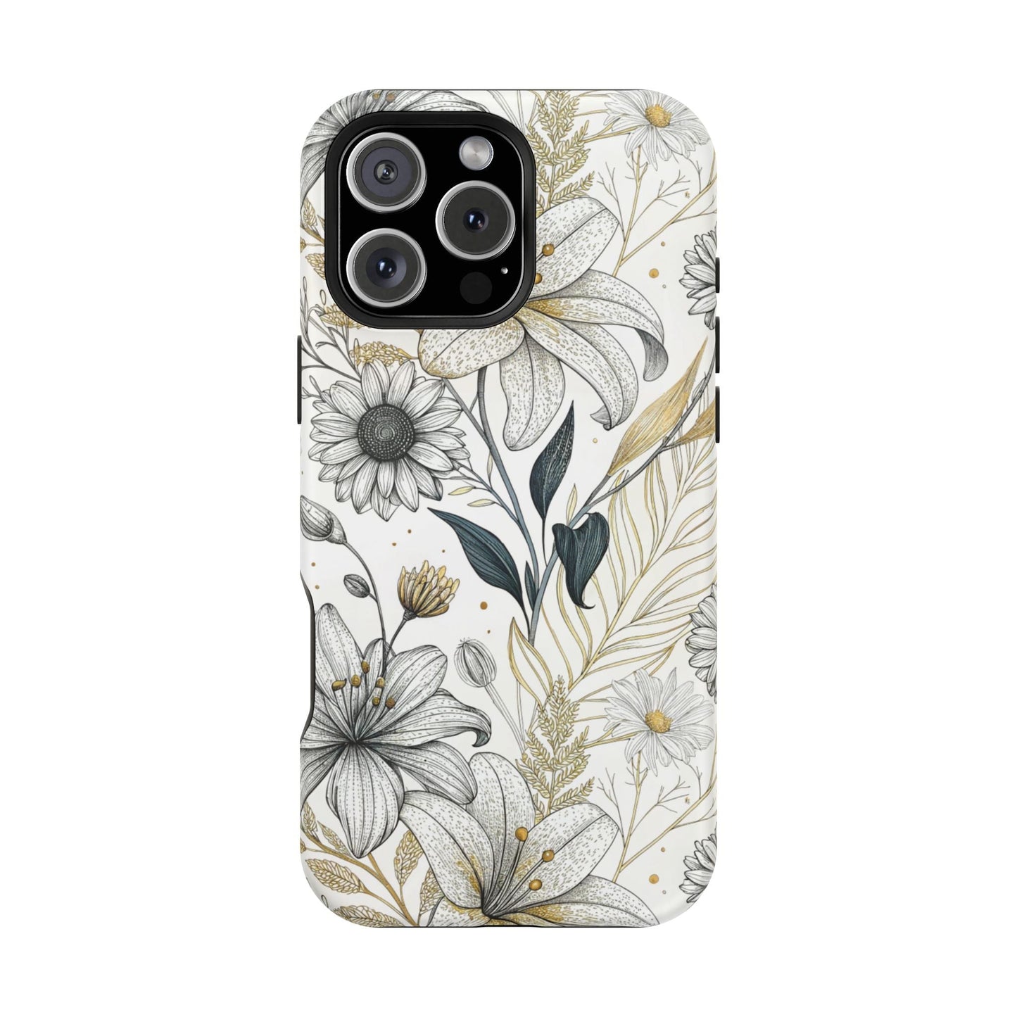 Golden Leaf Flower modern minimalist tough iPhone case with durable dual-layer protection and MagSafe compatibility