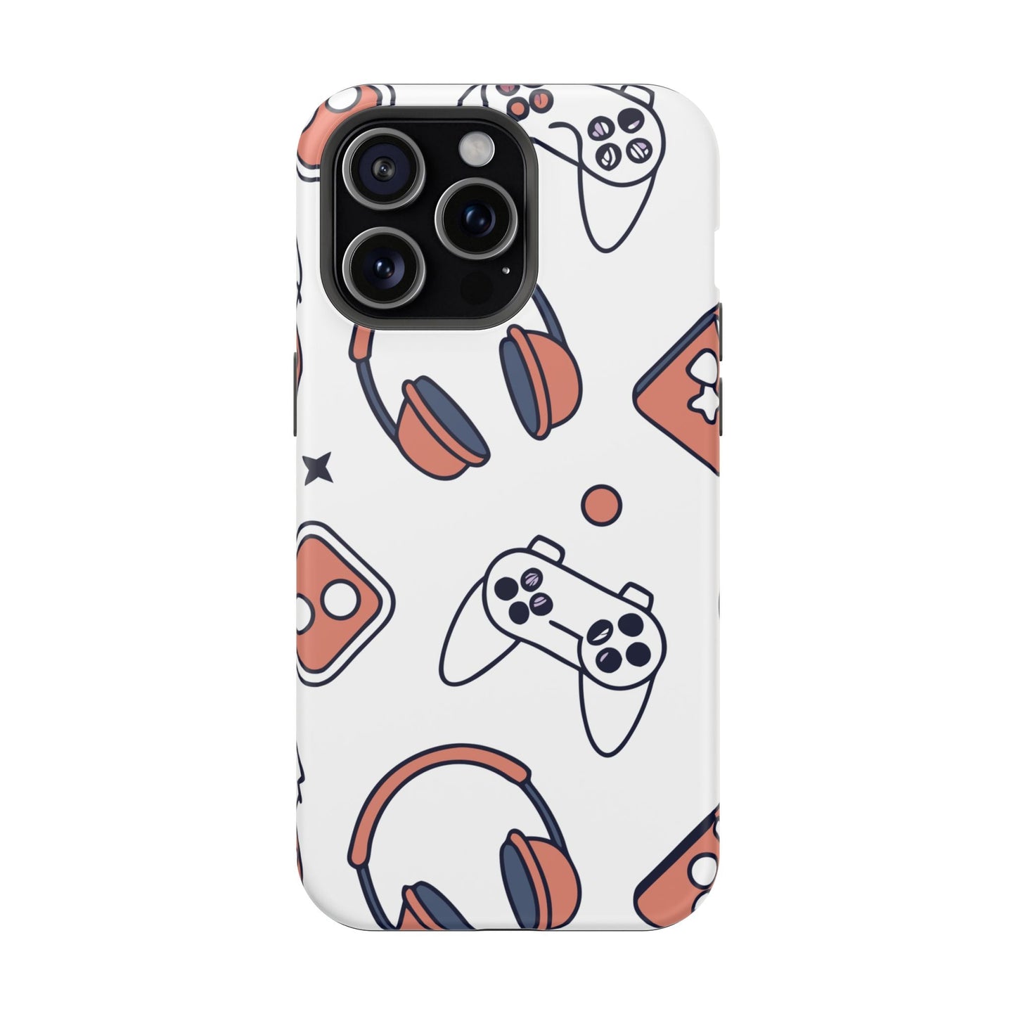 Gamer iPhone tough case with colorful gaming controller and headphones design, durable polycarbonate and TPU protection with MagSafe compatibility.