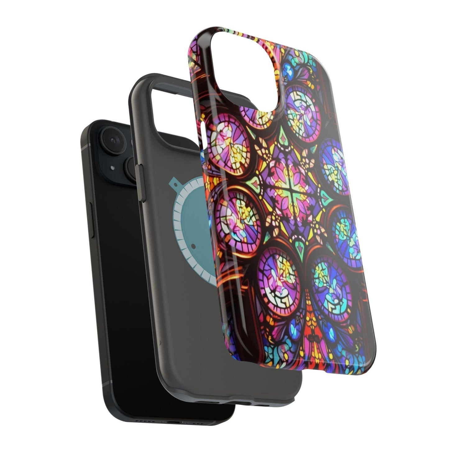 Colorful hypnotic stained glass design iPhone tough case with durable dual-layer protection and MagSafe compatibility