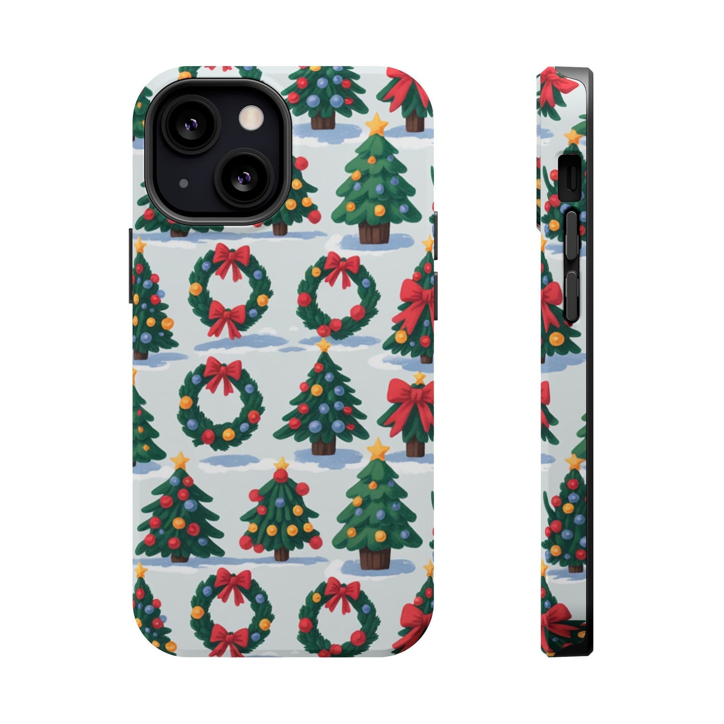 iPhone case with festive Holiday Tree and Wreath pattern in vibrant colors and MagSafe compatibility