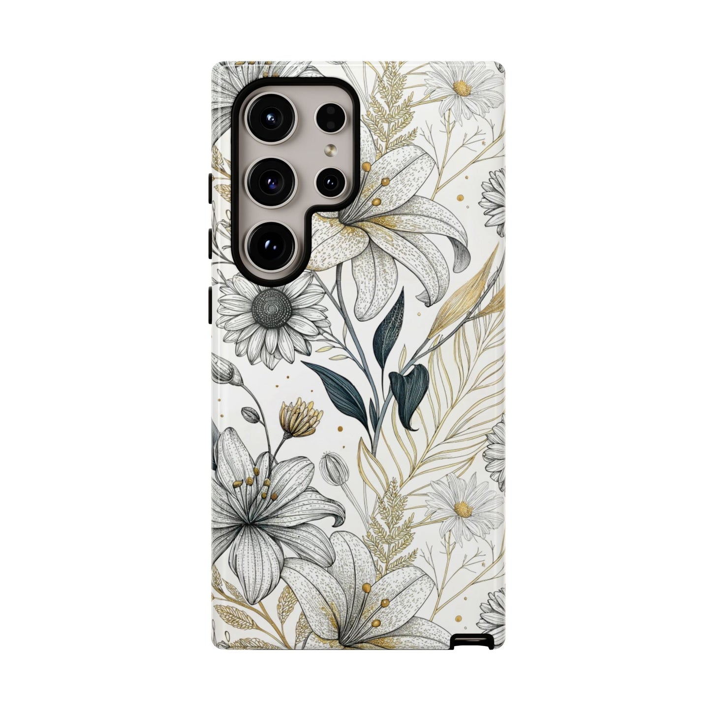 Samsung tough phone case with golden leaf minimalist floral design and drop protection