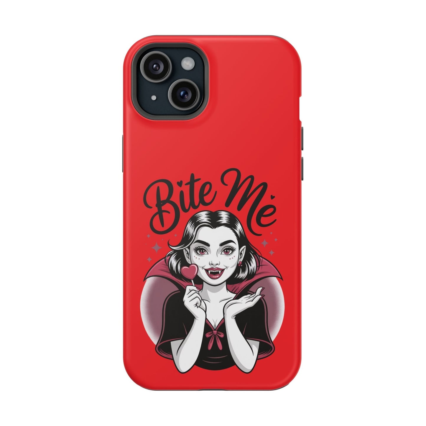 Red Halloween Vampire iPhone tough case with "Bite Me" text and vampire girl holding a heart-shaped lollipop, MagSafe compatible and protective design